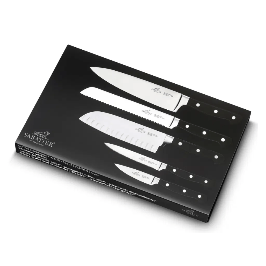 Lion Sabatier Knivsæt 5 dele, urte, tomat, santoku, brød og kokkekniv i stål/sort, Pluton